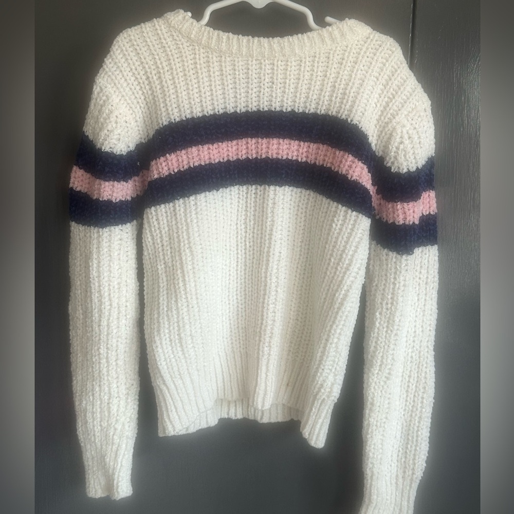 EUC. Girls 7/8. Jones New York Kids. Cream w/Navy, Pink Stripe Chenille Sweater